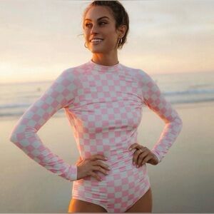 Albion Fit - Pink and White Checkered Long Sleeve Swimsuit - NEW